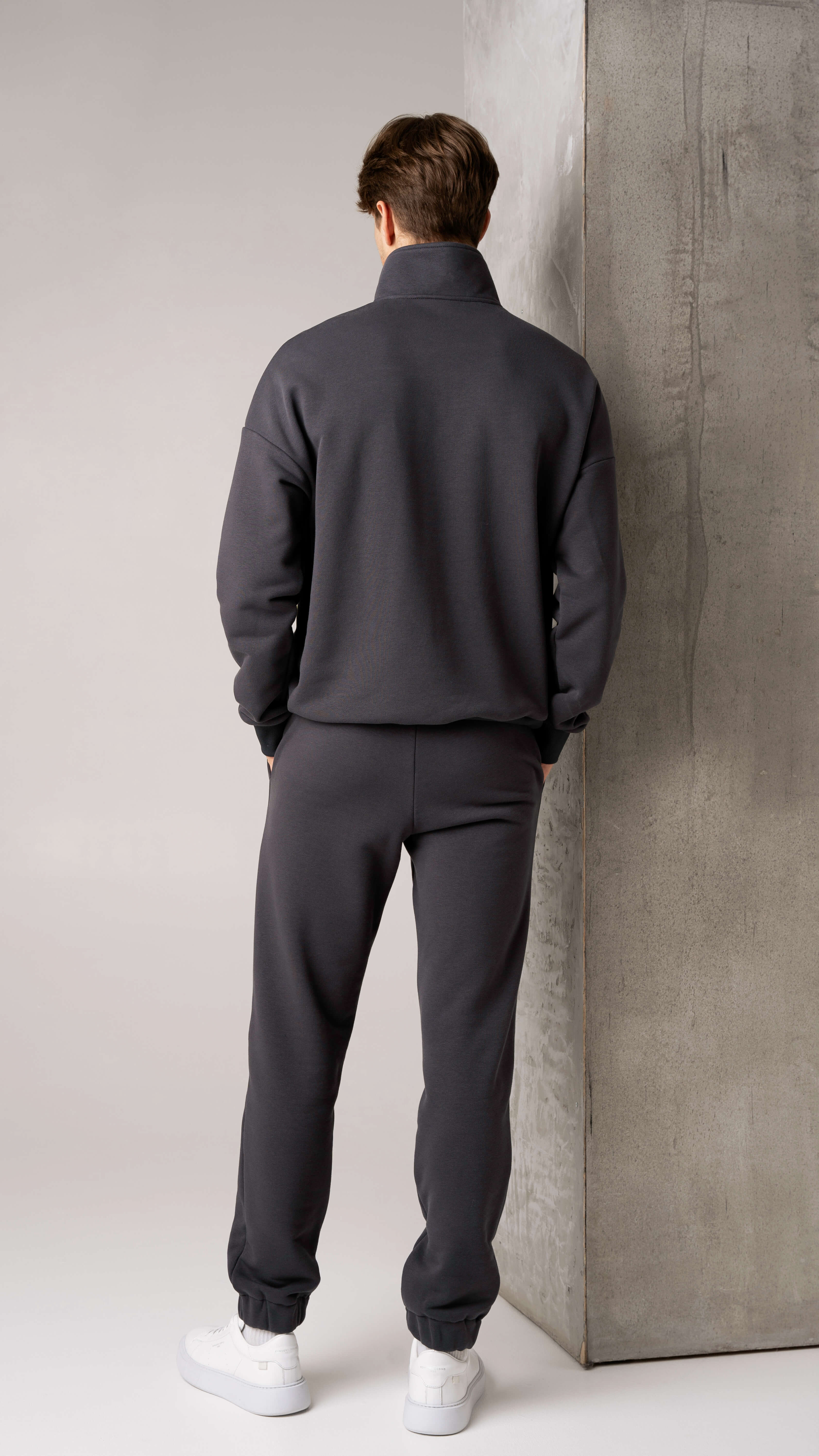 Graue Herren-Freizeit-Trainingsanzüge ohne Fleece, mit Reißverschluss und Hosen mit Kordelzug und Taschen